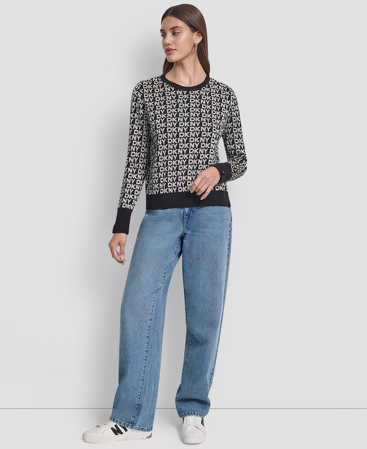 Dkny Jeans Petite Geometric Print Crewneck Sweater In Gray