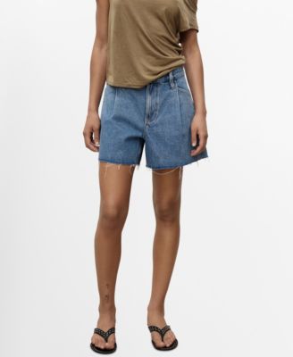 MANGO - Women's Frayed Hem And Pleats Denim Shorts