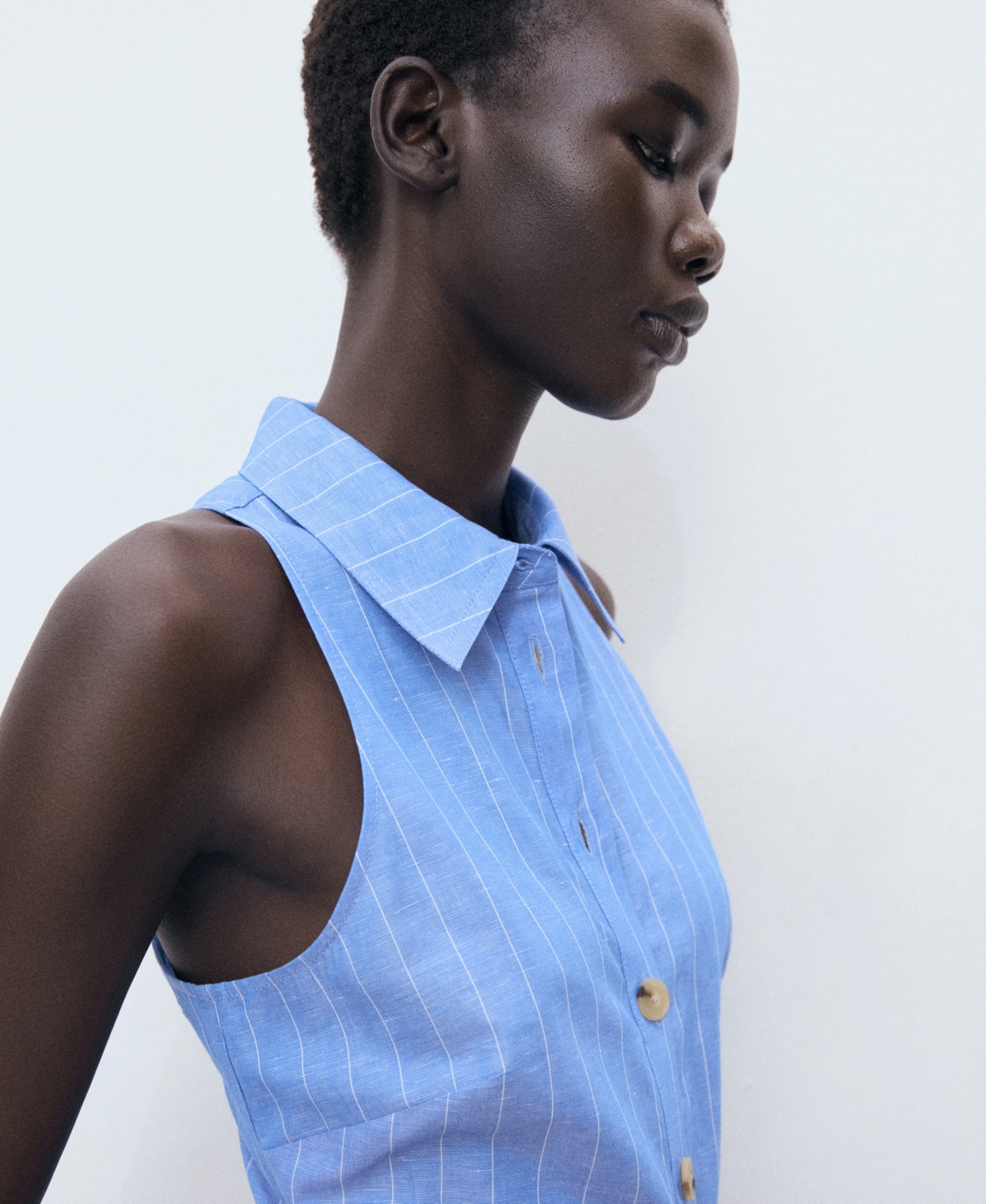 Mango Pinstripe Sleeveless Cotton & Linen Blend Shirtdress In Blue