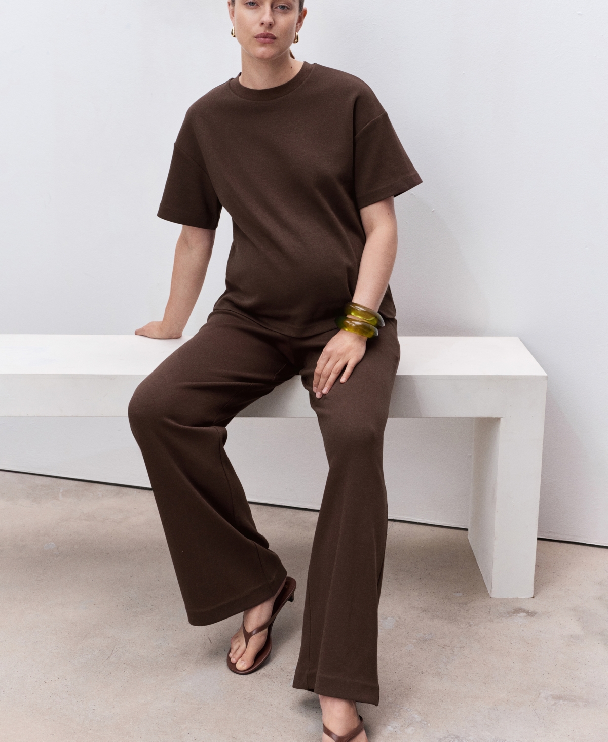 Mango Cotton Blend Wide Leg Maternity Pants In Brown