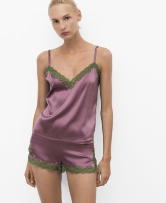 MANGO - Women's Contrasting Lace Silk Top