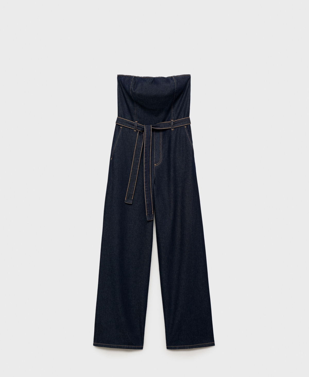 Mango Bandeau Belted Denim Jumpsuit In Blue