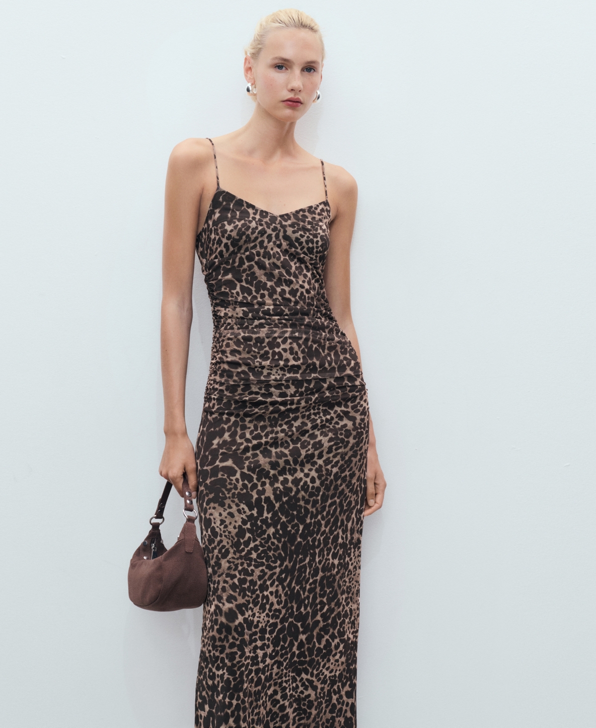 Mango Ruched Detail Fitted Leopard Print Midi Dress In Brown