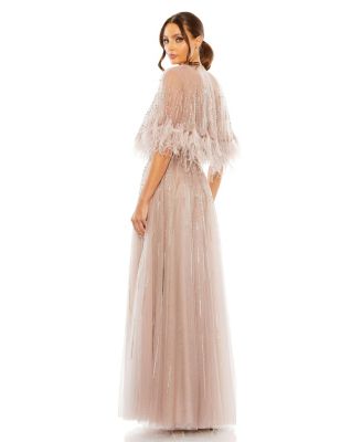Women's Embellished A Line Dress with Feather Detail Cape