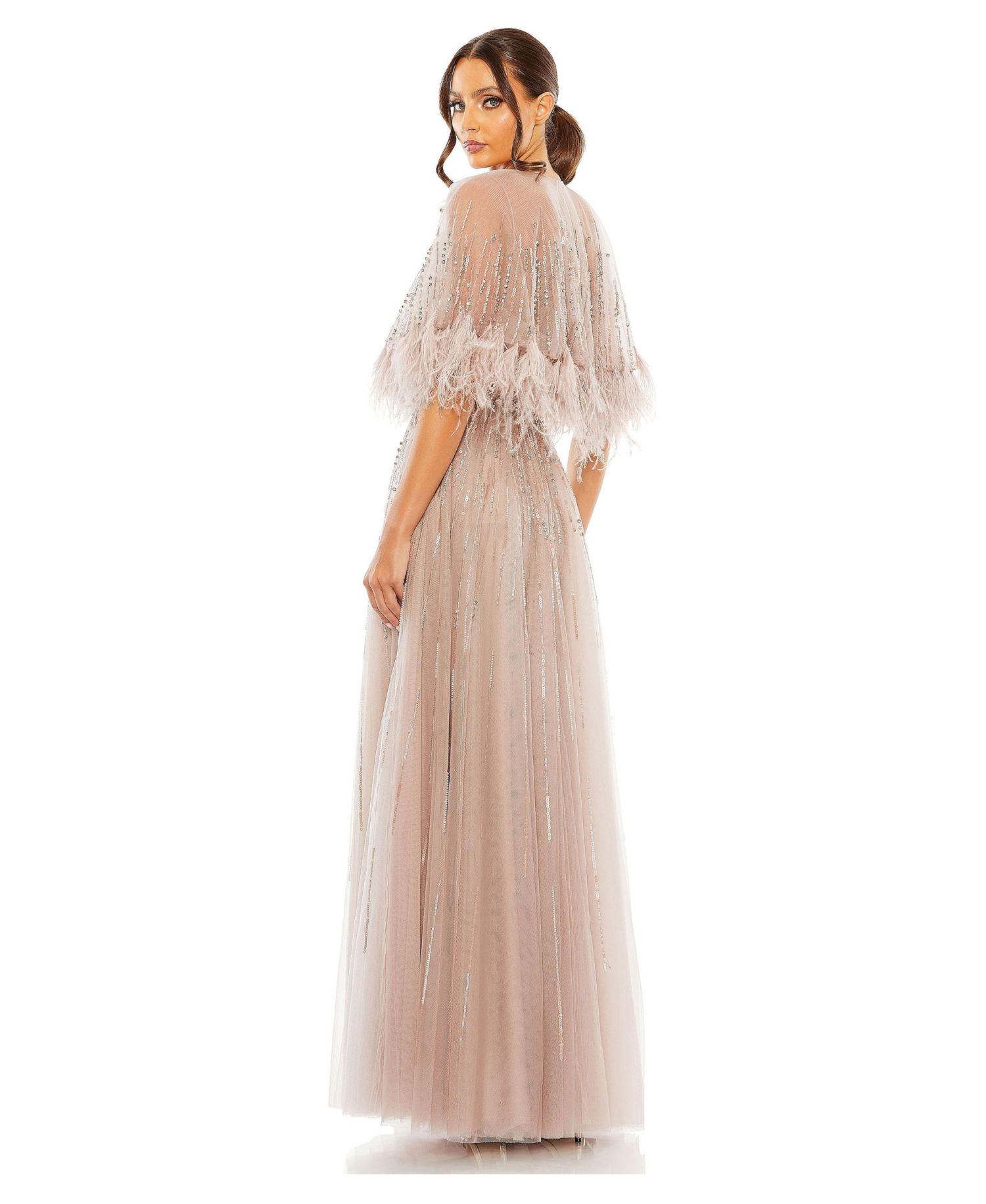 Women's Embellished A Line Dress with Feather Detail Cape