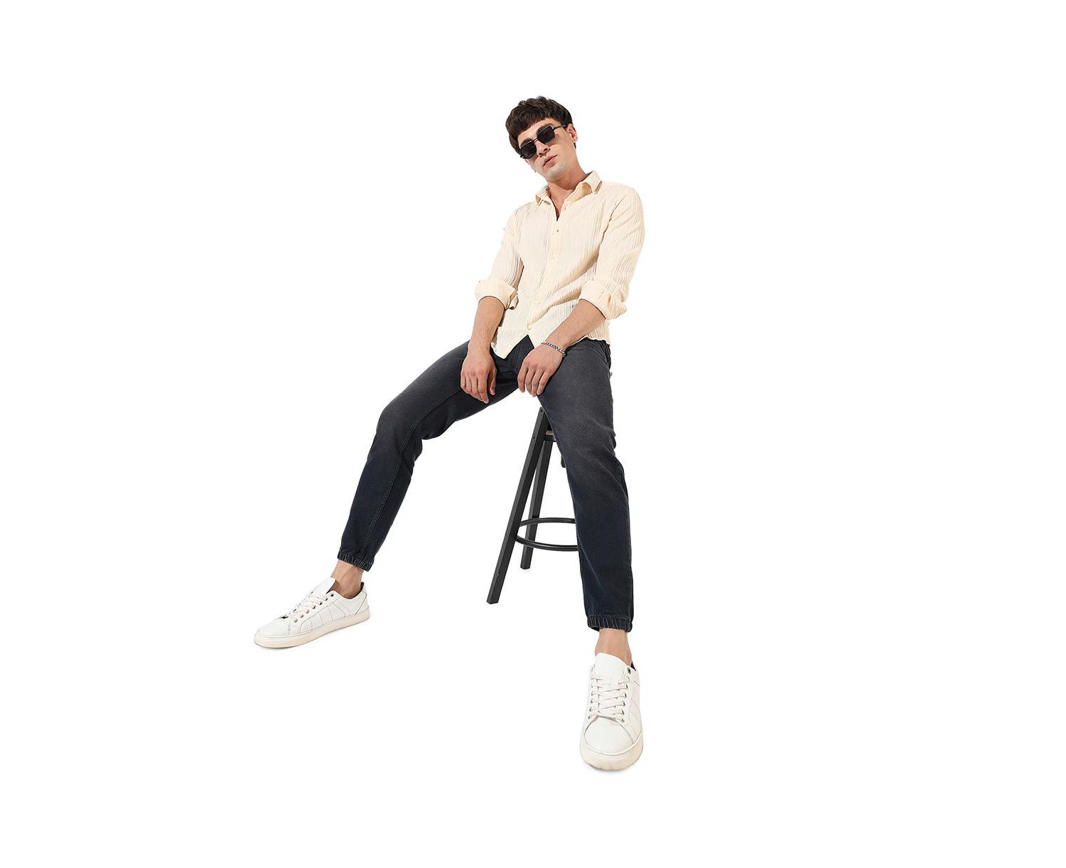 Men's Light Yellow Textured Regular Fit Casual Shirt
