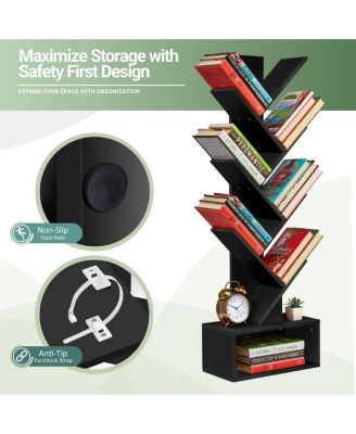 7-Tier Zigzag Tree Bookcase with Open Drawer for Books, Decor, and Accessories - Space-Saving Organizer Unit for Living Room, Bedroom, Office