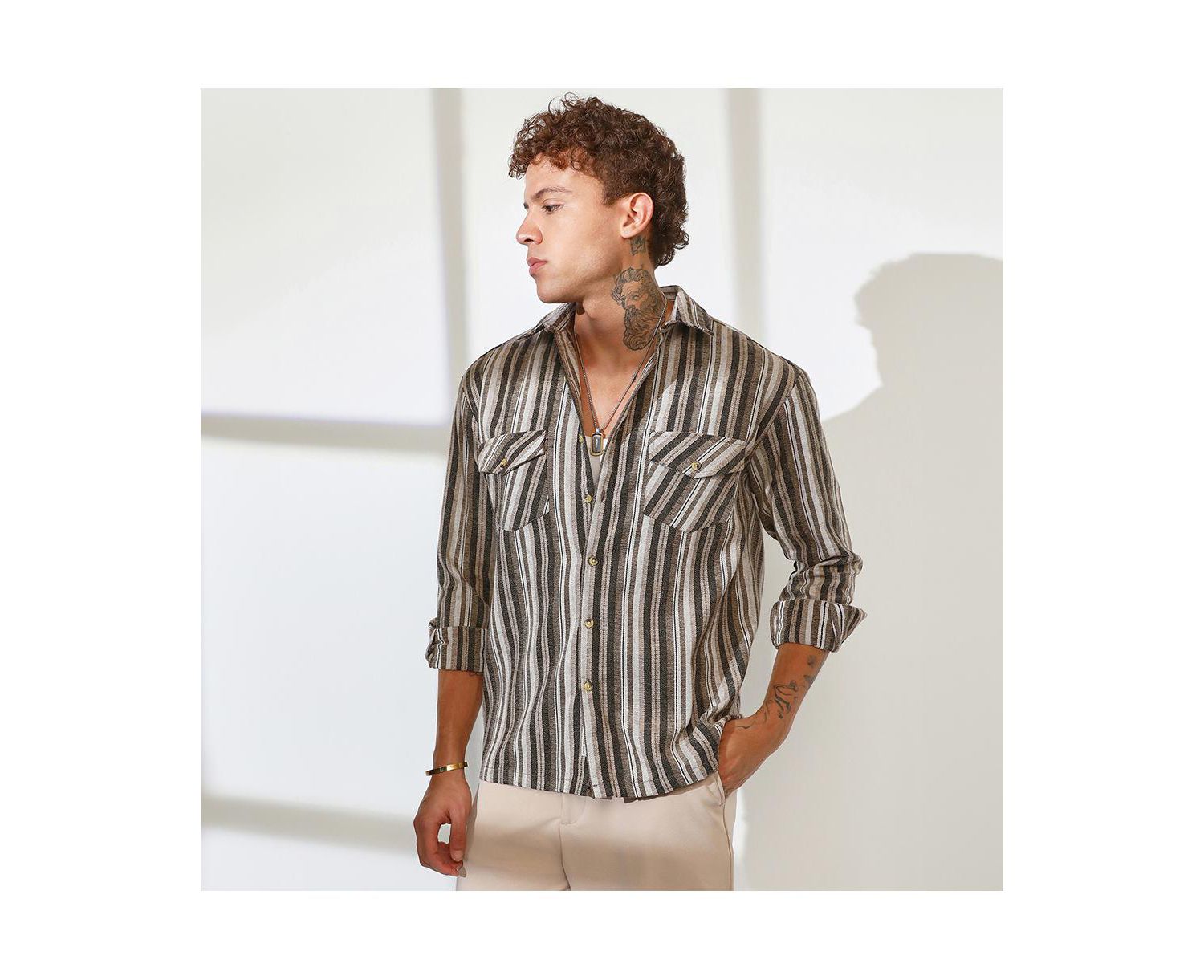 Men's Taupe Brown & Sepia Brown Multitrack Striped Oversized Shirt