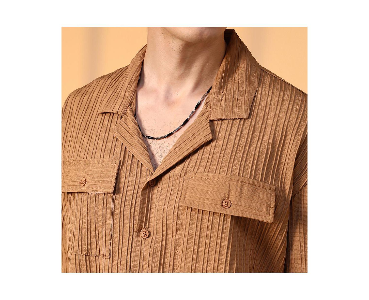 Men's Camel Brown Tactile-Lined Oversized Shirt