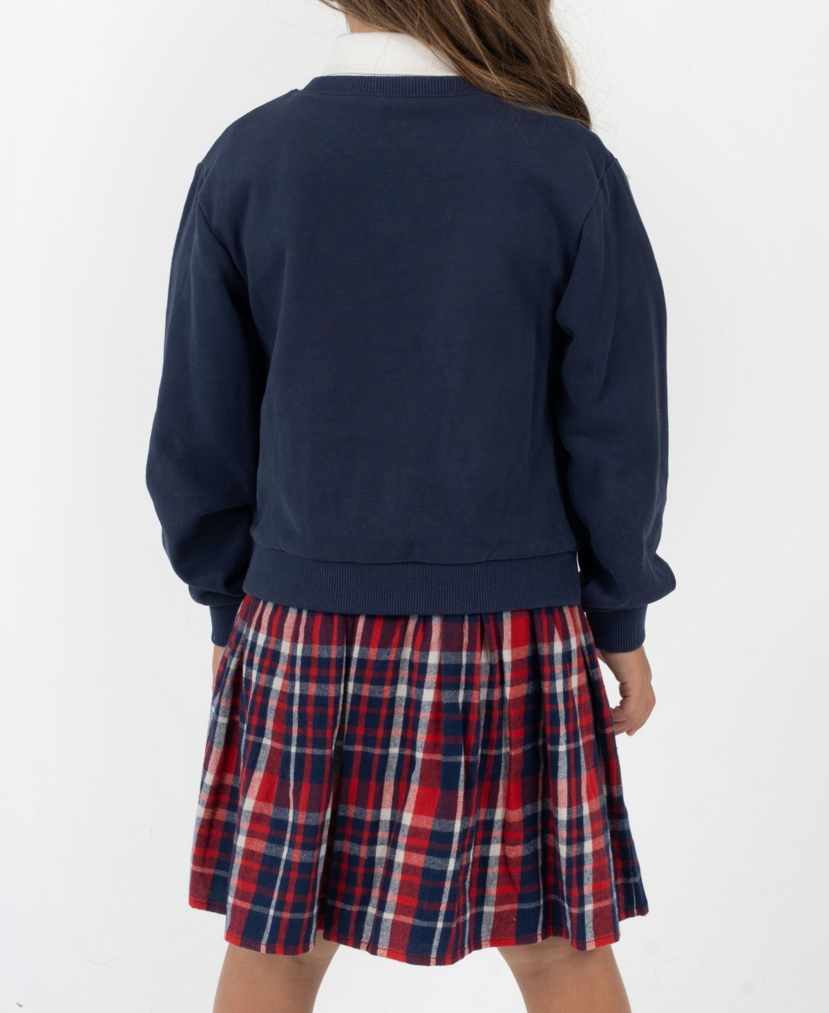 Rare Editions Little Girls Polo Collar & Plaid Skirt Dress with Patch-Covered Sweatshirt, 2 pc