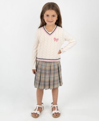 Rare Editions - Little Girls' Plaid Skort Dress with Cable Knit Vest, 2 pc