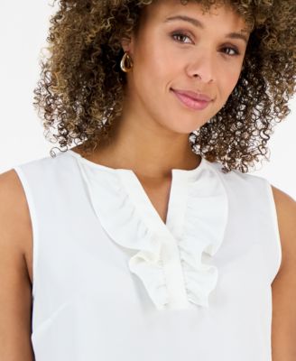 Women's Ruffle-Trim Split Neck Sleeveless Top, Regular & Petite