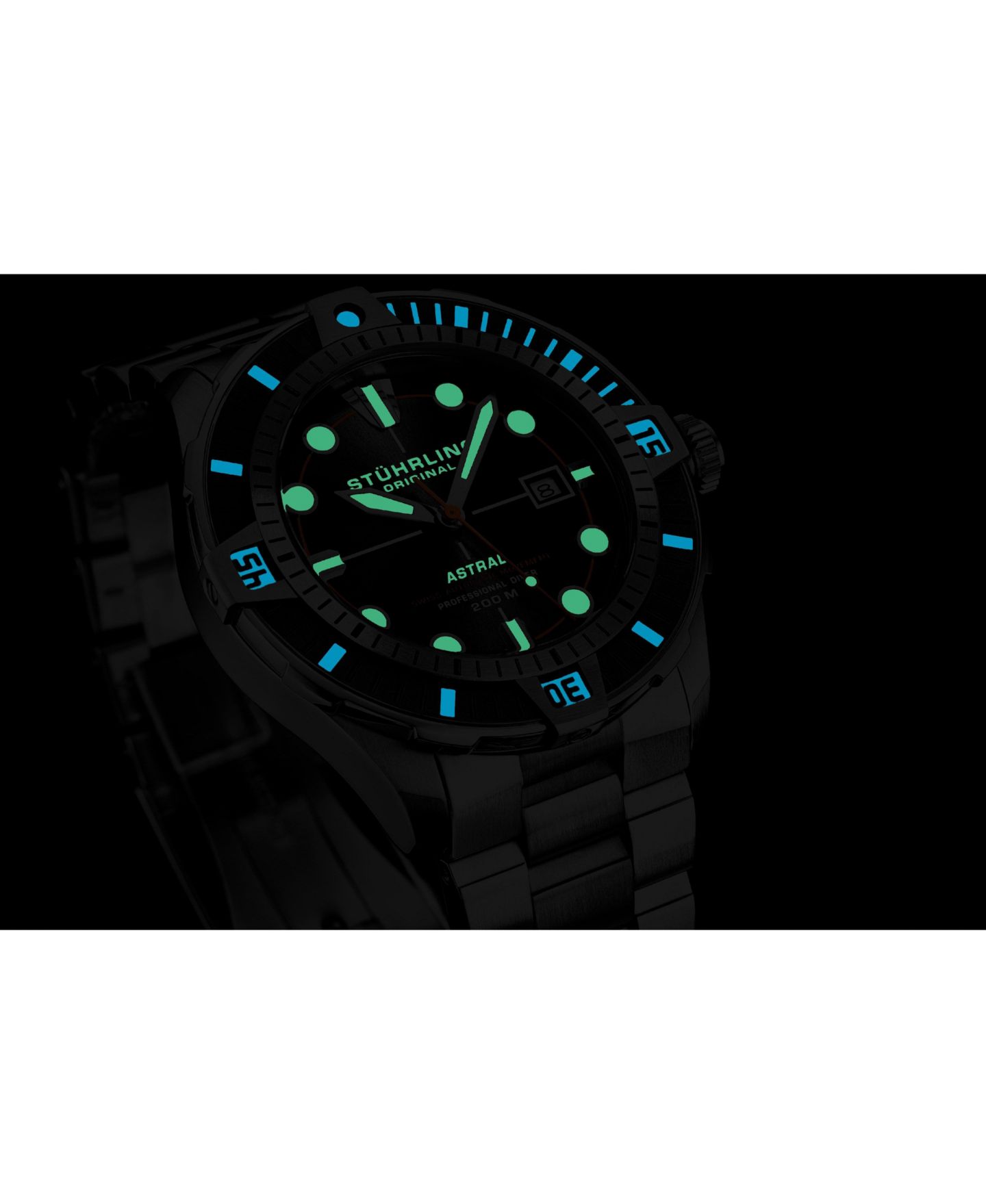 Мужские часы Stuhrling Men s Astral Diver 44mm Swiss Automatic Watch, Black Dial, Stainless Steel Bracelet, Rotating Bezel, 200M Water Resistant, цвет: Серебряный — фото 4