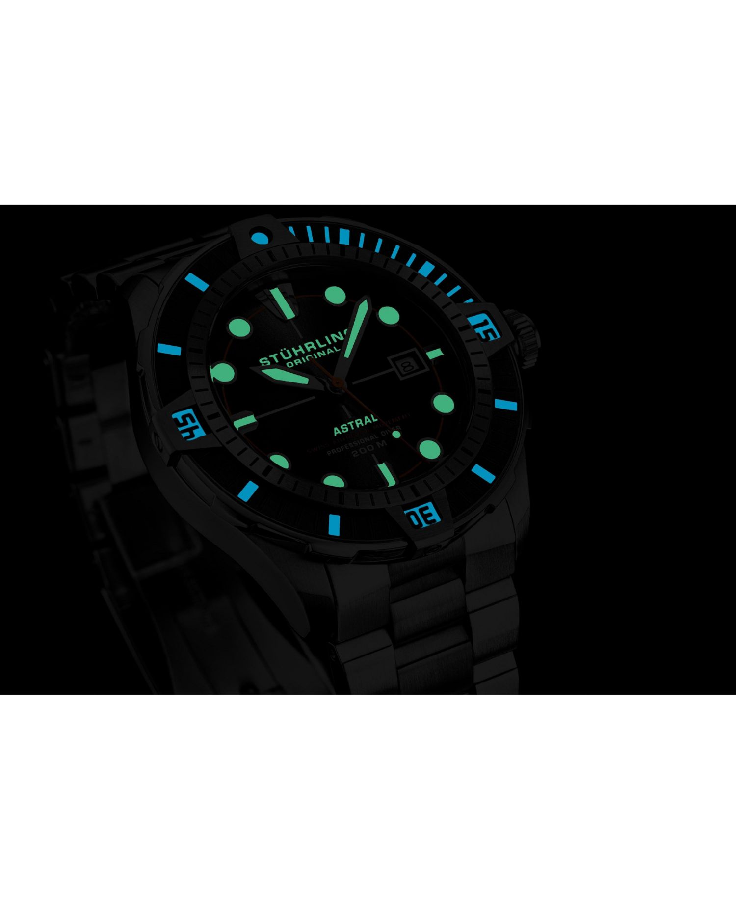 Men s Astral Diver 44mm Swiss Automatic Watch, Black Dial, Stainless Steel Bracelet, Rotating Bezel, 200M Water Resistant