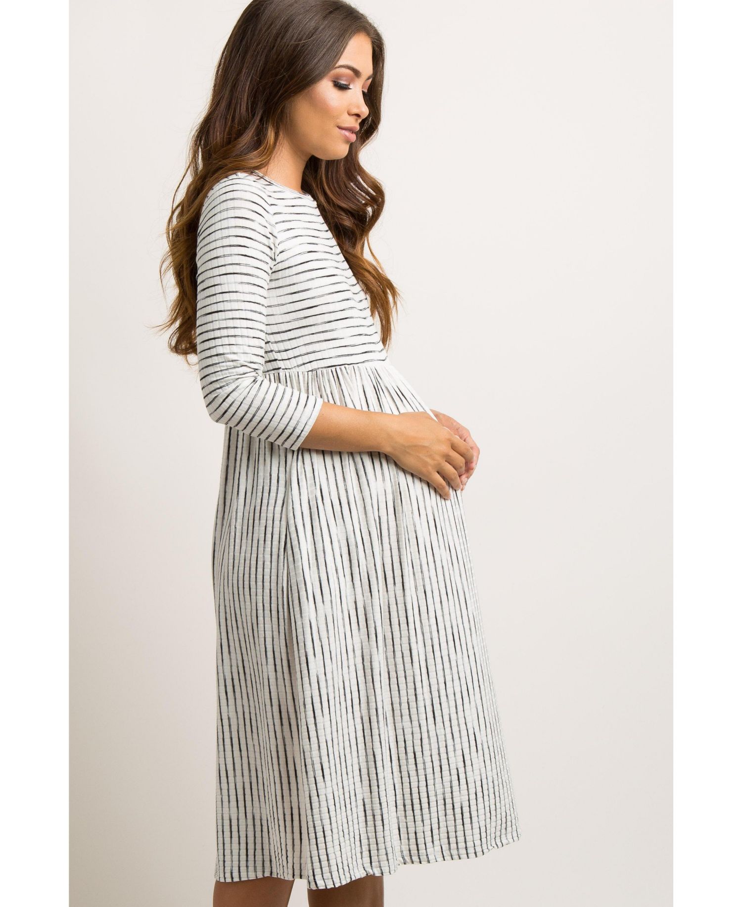 Women's Ivory Ribbed Striped Midi Dress