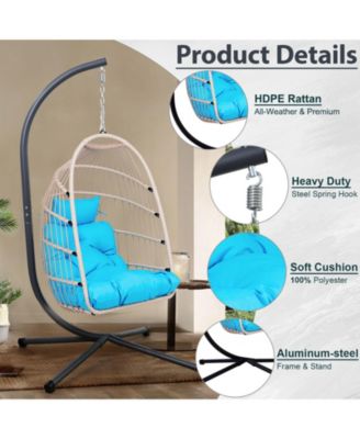 Blue Wicker Egg Hanging Chair with Stand and 350 lb Capacity