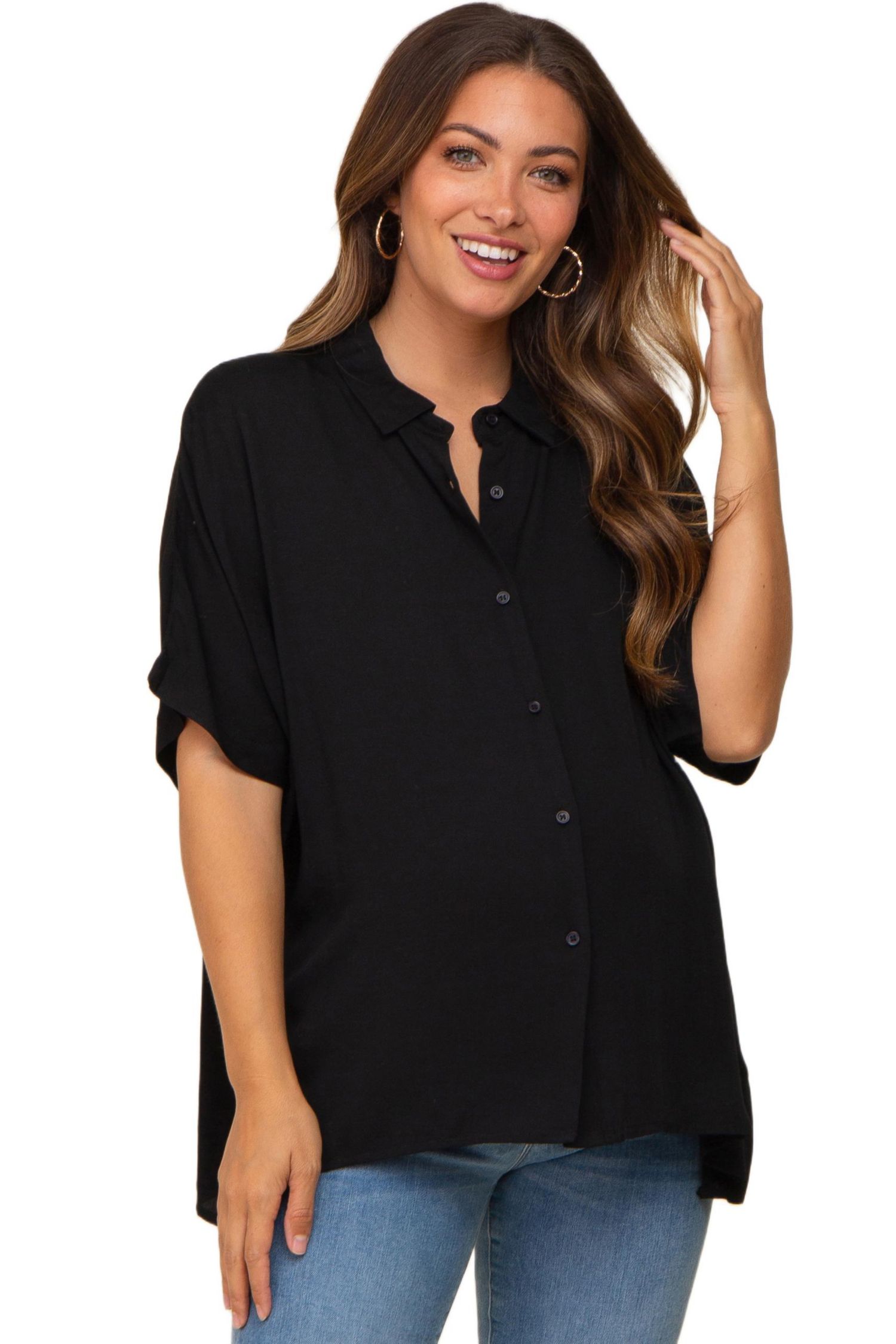 Women's Black Button Up Dolman Short Sleeve Top