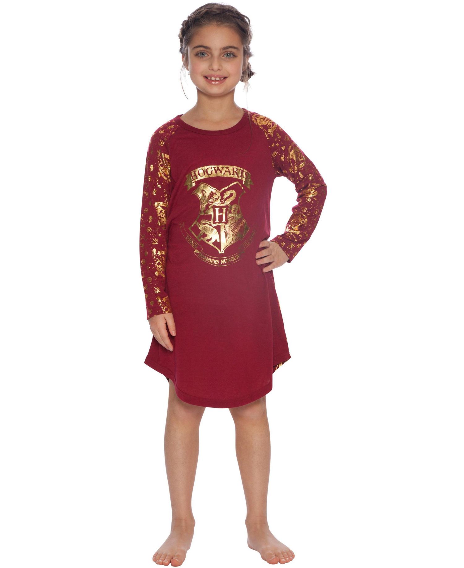 Big Girls Nightgown Hermione Gold Foil Hogwarts Castle Crest Long-Sleeve Pajama Lounge Sleepwear