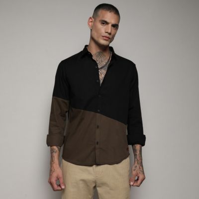 Men's Black & Olive Green Contrast Panel Shirt