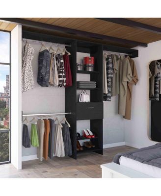 1Pc Black MDF Shelves & 3 Metal Rods Closet System with Drawer