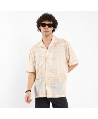 Men's Tan Brown & Ivory White Faded Woven Oversized Shirt
