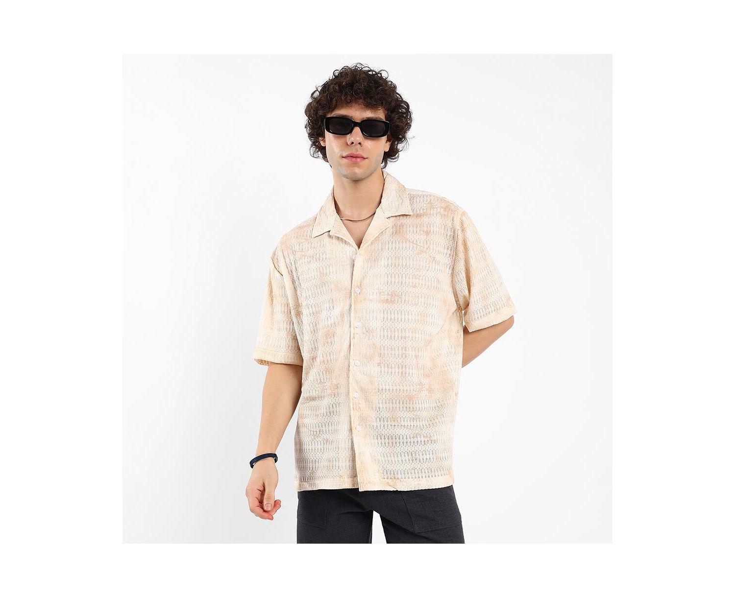 Men's Tan Brown & Ivory White Faded Woven Oversized Shirt