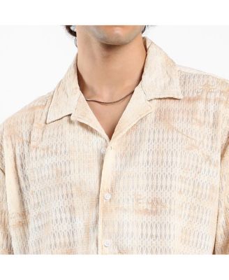 Men's Tan Brown & Ivory White Faded Woven Oversized Shirt