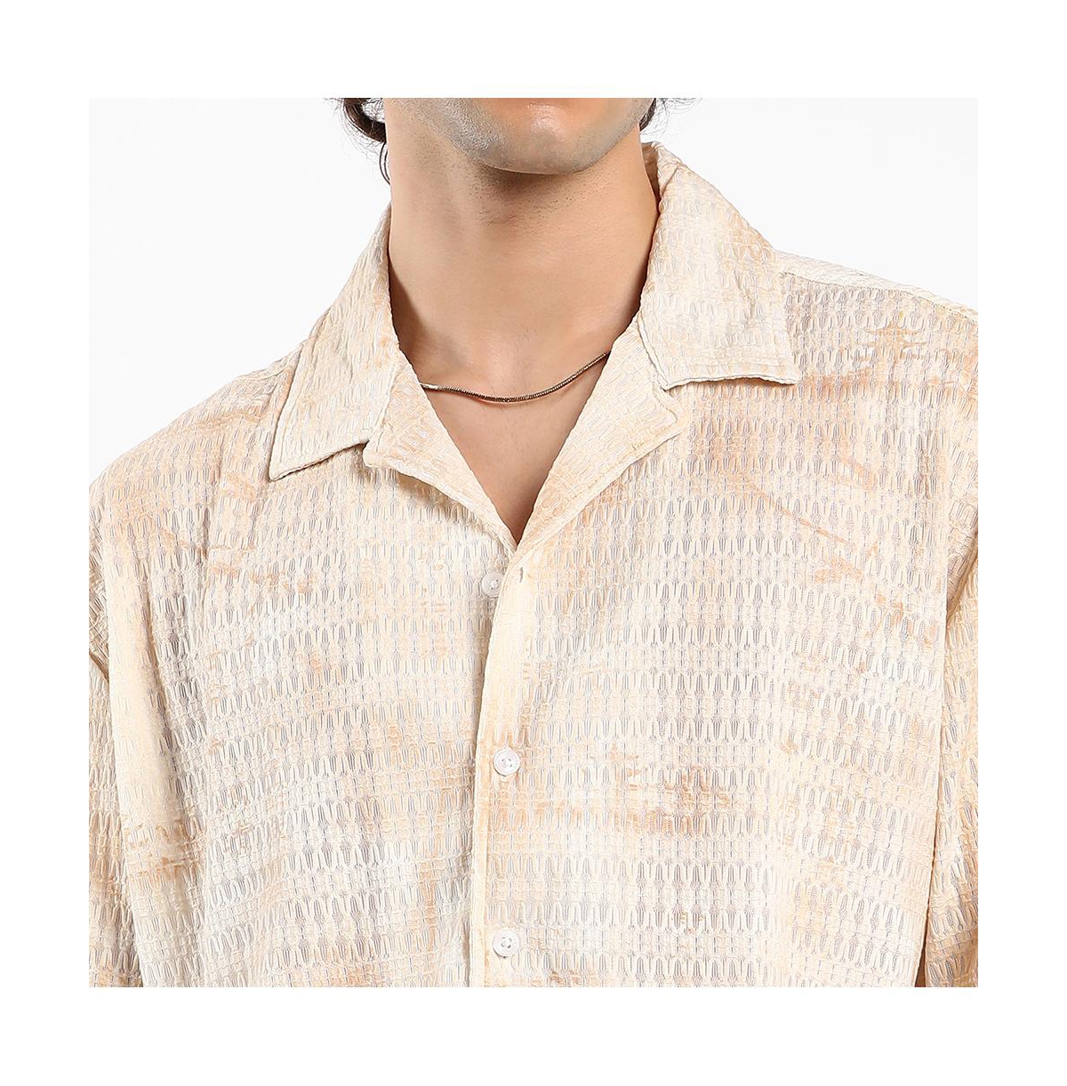 Campus Sutra Men's Tan Brown & Ivory White Faded Woven Oversized Shirt