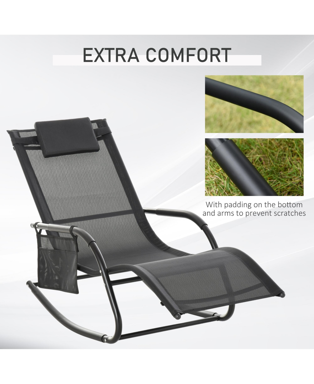 Outsunny Outdoor Rocking Chair, Patio Sling Sun Lounger, Pocket, Recliner Rocker, Lounge Chair with Detachable Pillow for Deck, Garden, or Pool, Black