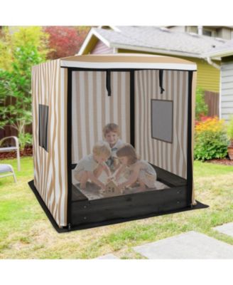 Kids Wooden Sandbox with Canopy Mesh Door Windows Bench Seats Foldable Storage Box