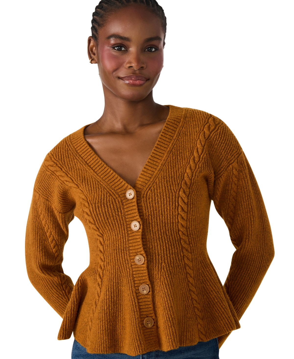 Steve Madden Courtney Rib Peplum Cardigan In Brown