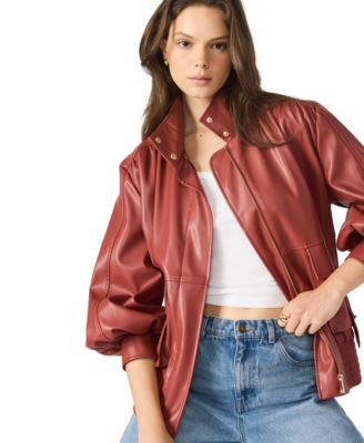 Women's Faux Leather High Collared Bomber Jacket