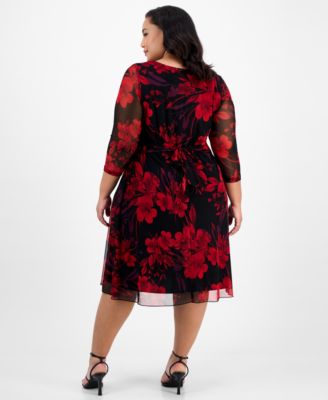 Plus Size Printed 3/4-Sleeve Fit & Flare Dress