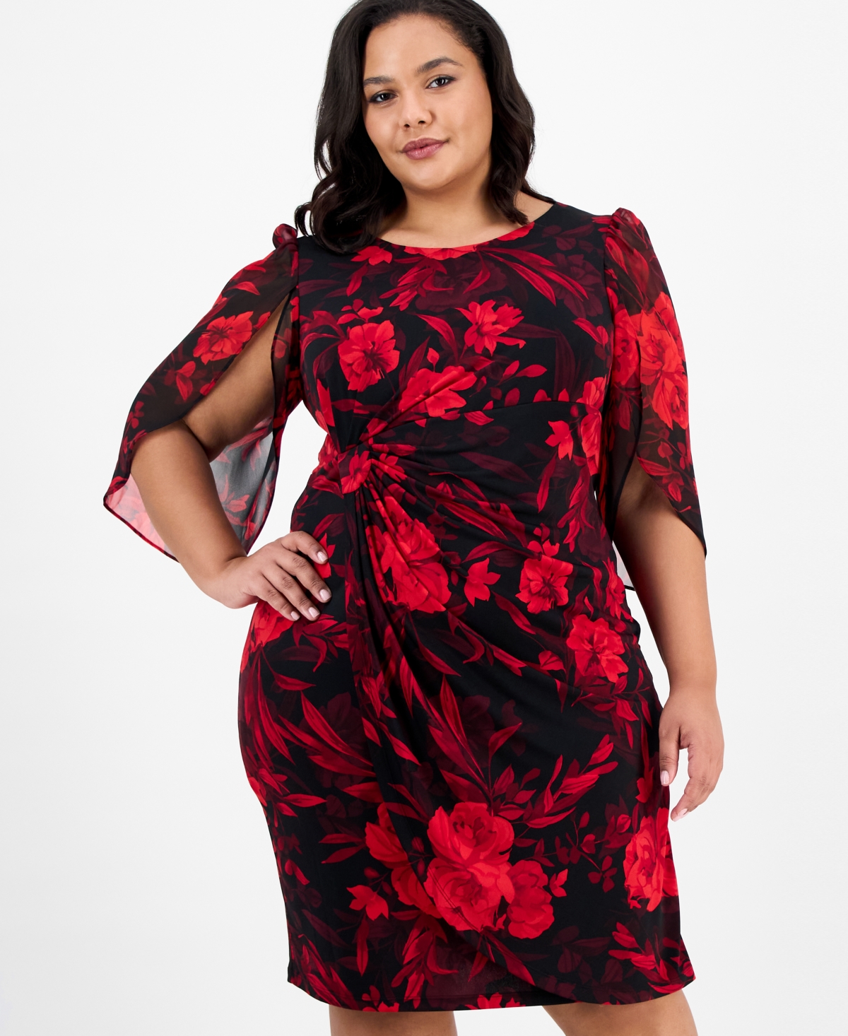 Connected Plus Printed Cape-Sleeve Sheath Dress