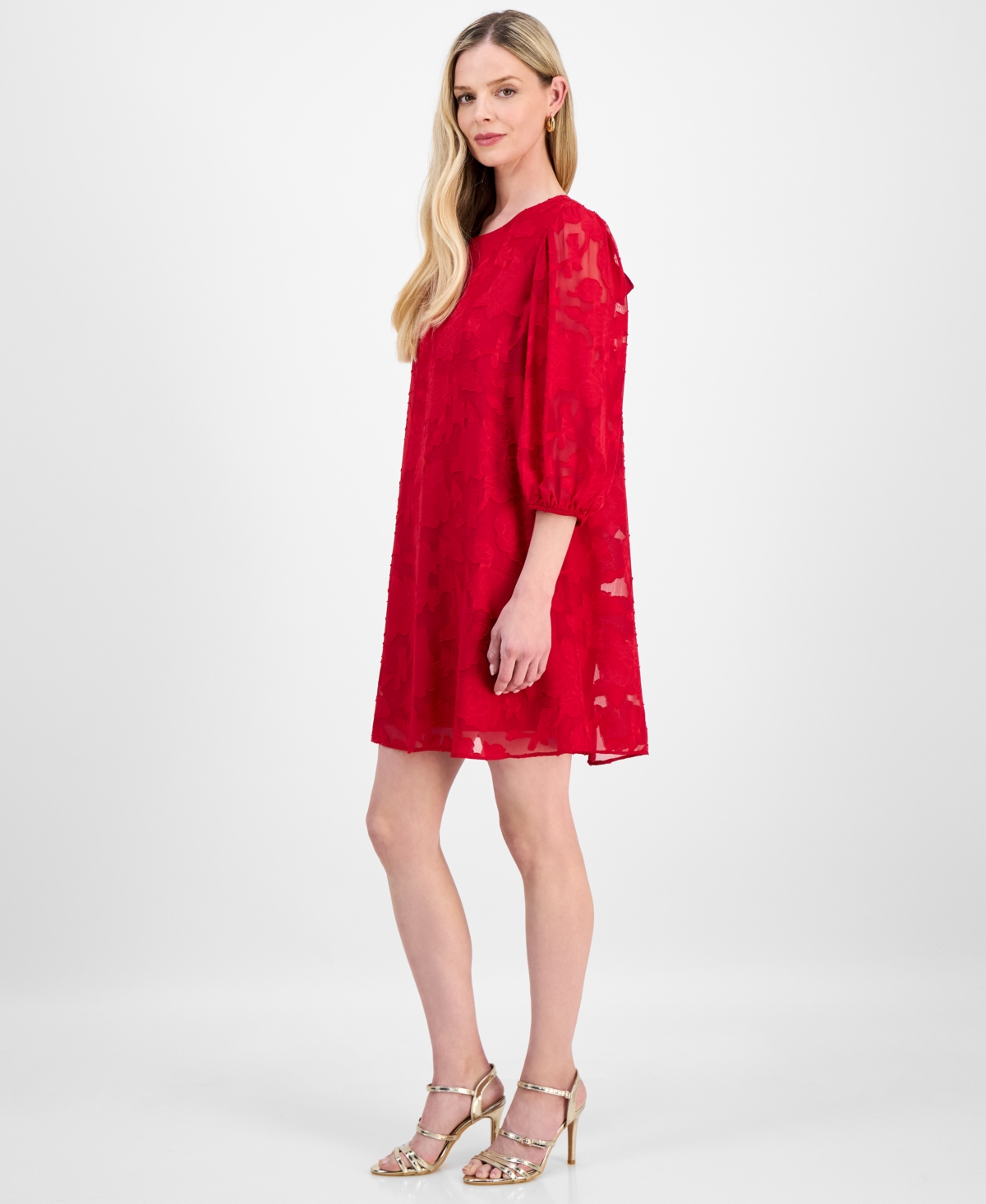 Robbie Bee Petite Floral Burnout Blouson-Sleeve Shift Dress