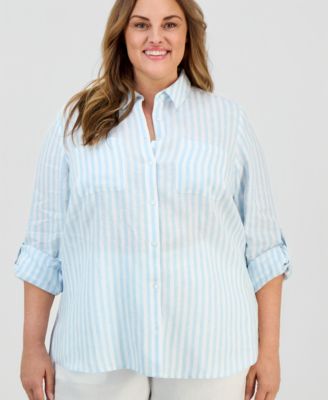 Plus Size 100% Linen Striped Button-Front Shirt, Macy's Exclusive