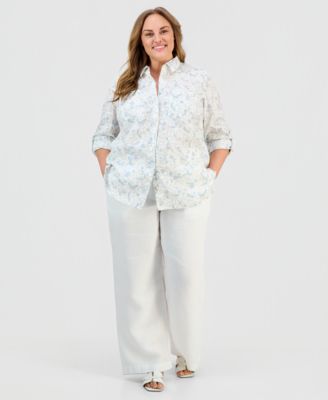 Plus Size 100% Linen Floral Button-Front Shirt, Macy's Exclusive