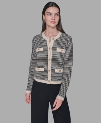 KARL LAGERFELD PARIS - Women's Striped Crewneck Cardigan Sweater