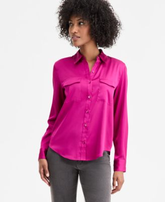 Women's Button-Front Long-Sleeve Satin Utility Shirt, Created for Macy's