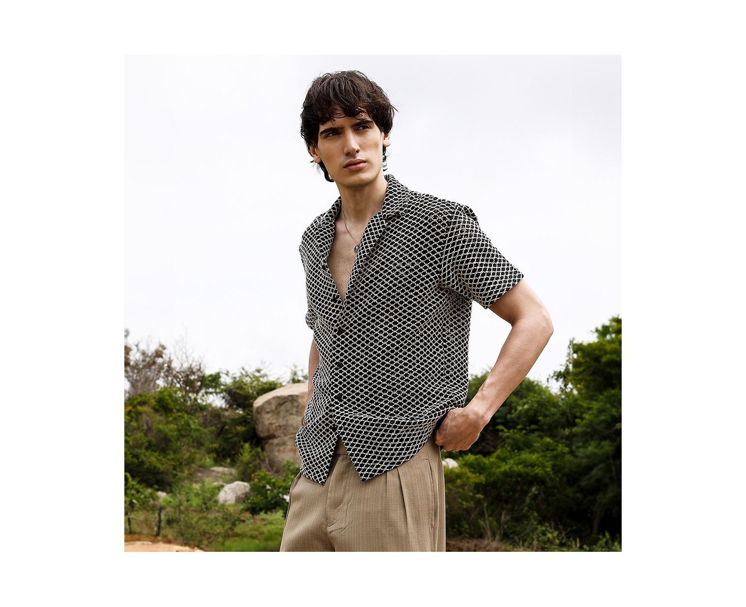 Men's Contrast Rhombus Oversized Shirt