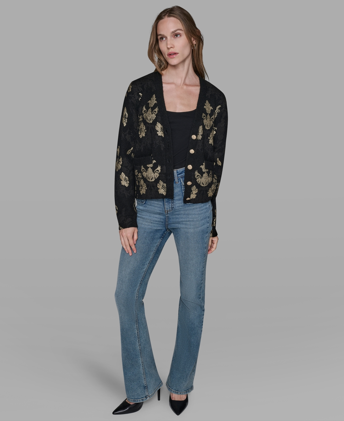 Karl Lagerfeld Women's Foil Floral Print Sweater In Black