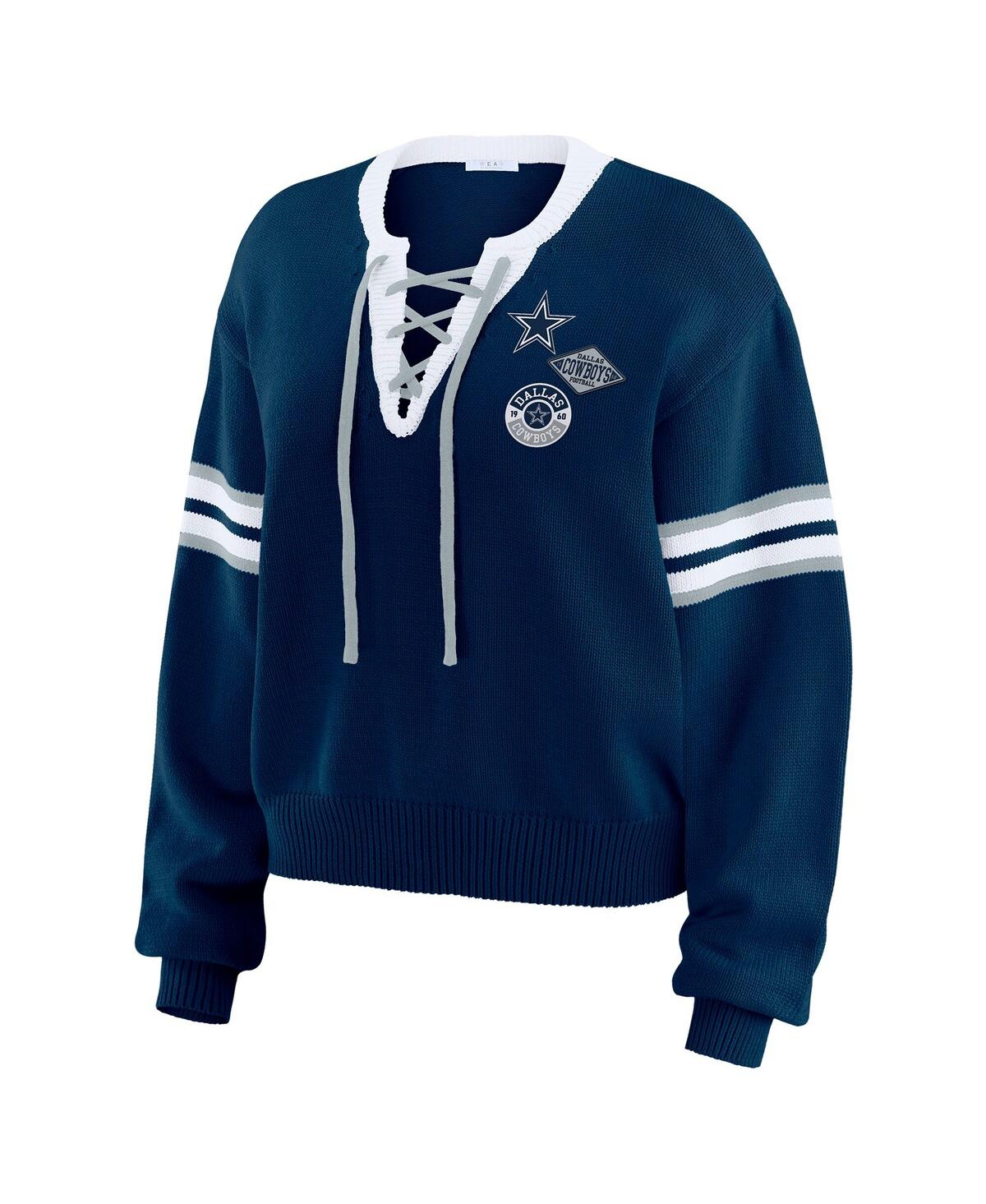 Wear by Erin Andrews Women's Navy Dallas Cowboys Lace-Up Pullover Sweatshirt