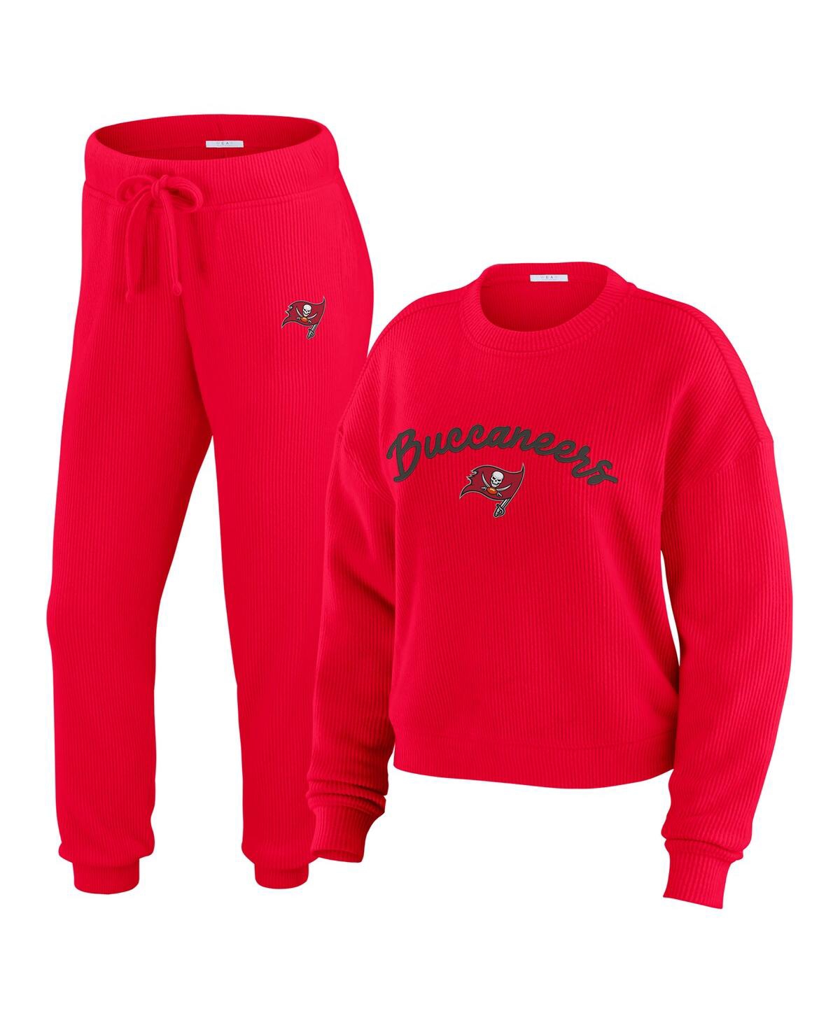 Wear By Erin Andrews Women's Cream Tampa Bay Buccaneers Knitted Tri-blend Long Sleeve T-shirt Pants Lounge Set In Red
