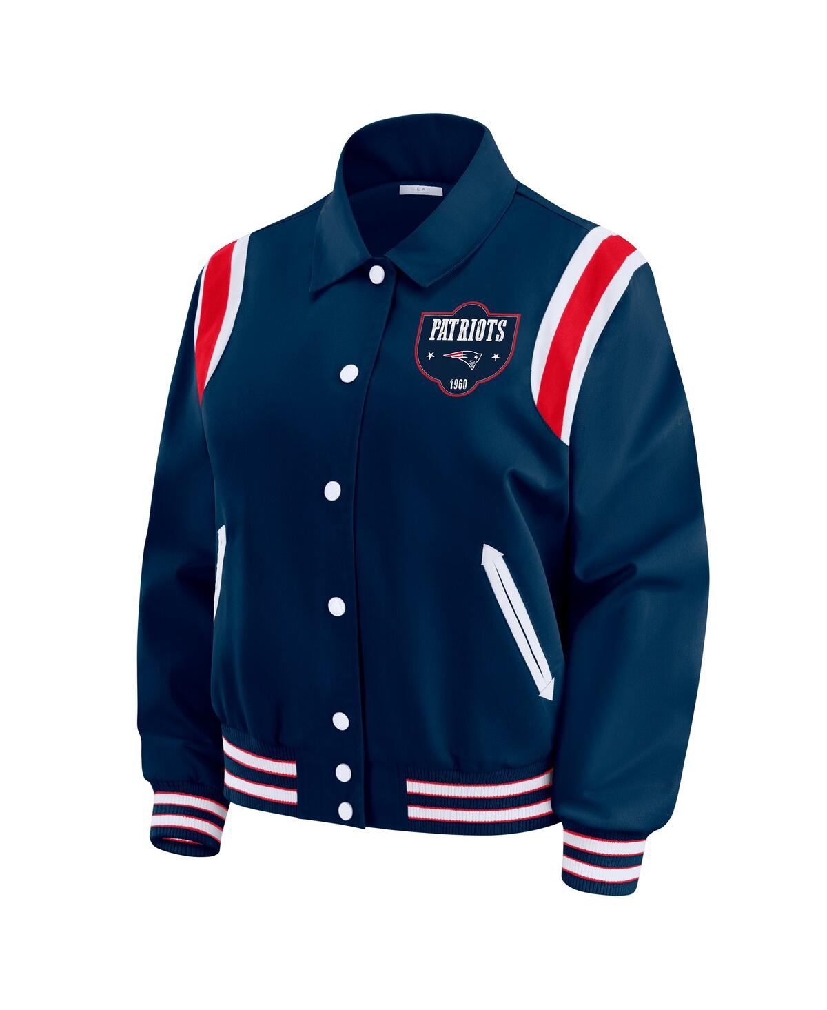Wear By Erin Andrews Women's Navy New England Patriots Varsity Lightweight Full-snap Jacket In Animal Print