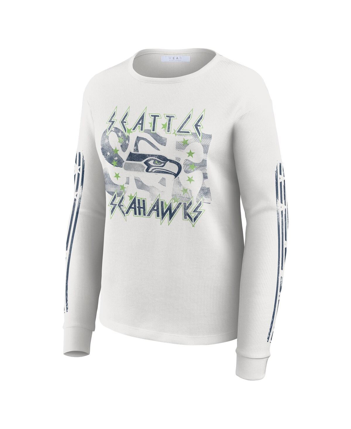 Wear By Erin Andrews Women's White Seattle Seahawks Graphic Waffle Long-sleeve T-shirt In White