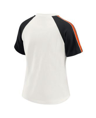 Women's White Cincinnati Bengals Sleeve Stripe Distressed Raglan T-Shirt