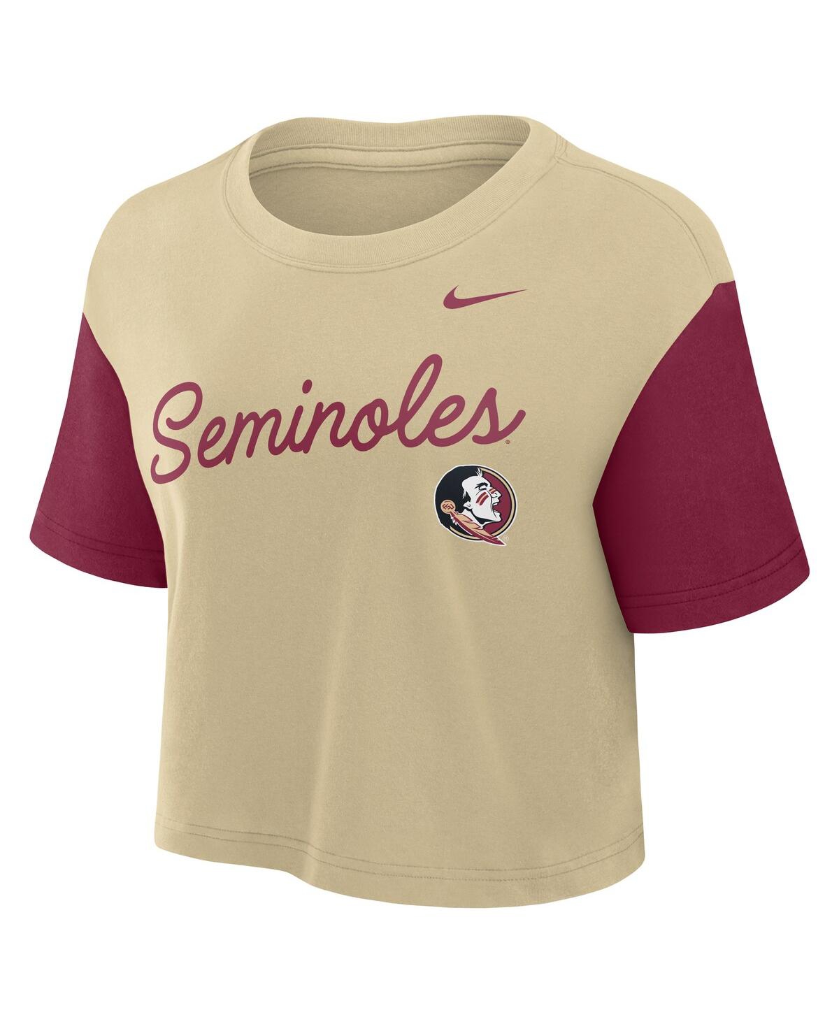 Nike Women's Gold/garnet Florida State Seminoles Color-block Script Dri-fit Cropped T-shirt In Neutral