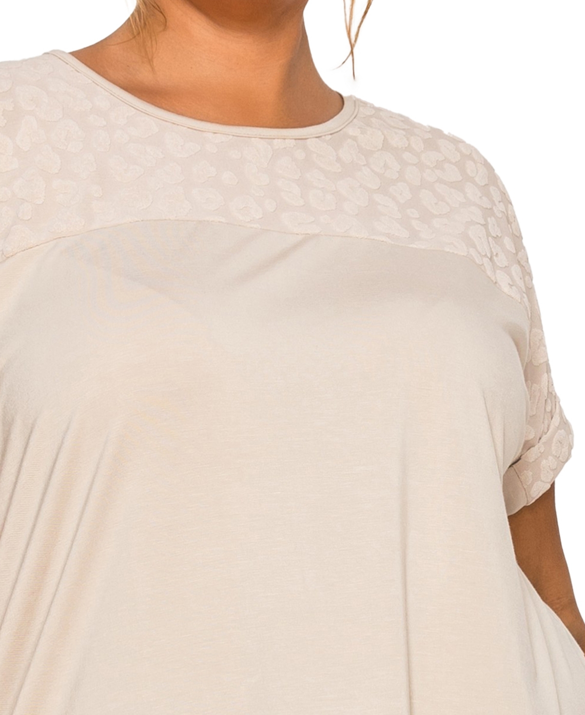 Coin 1804 Plus Size Cheetah Burnout Contrast Yoke Dolman Top In Neutral