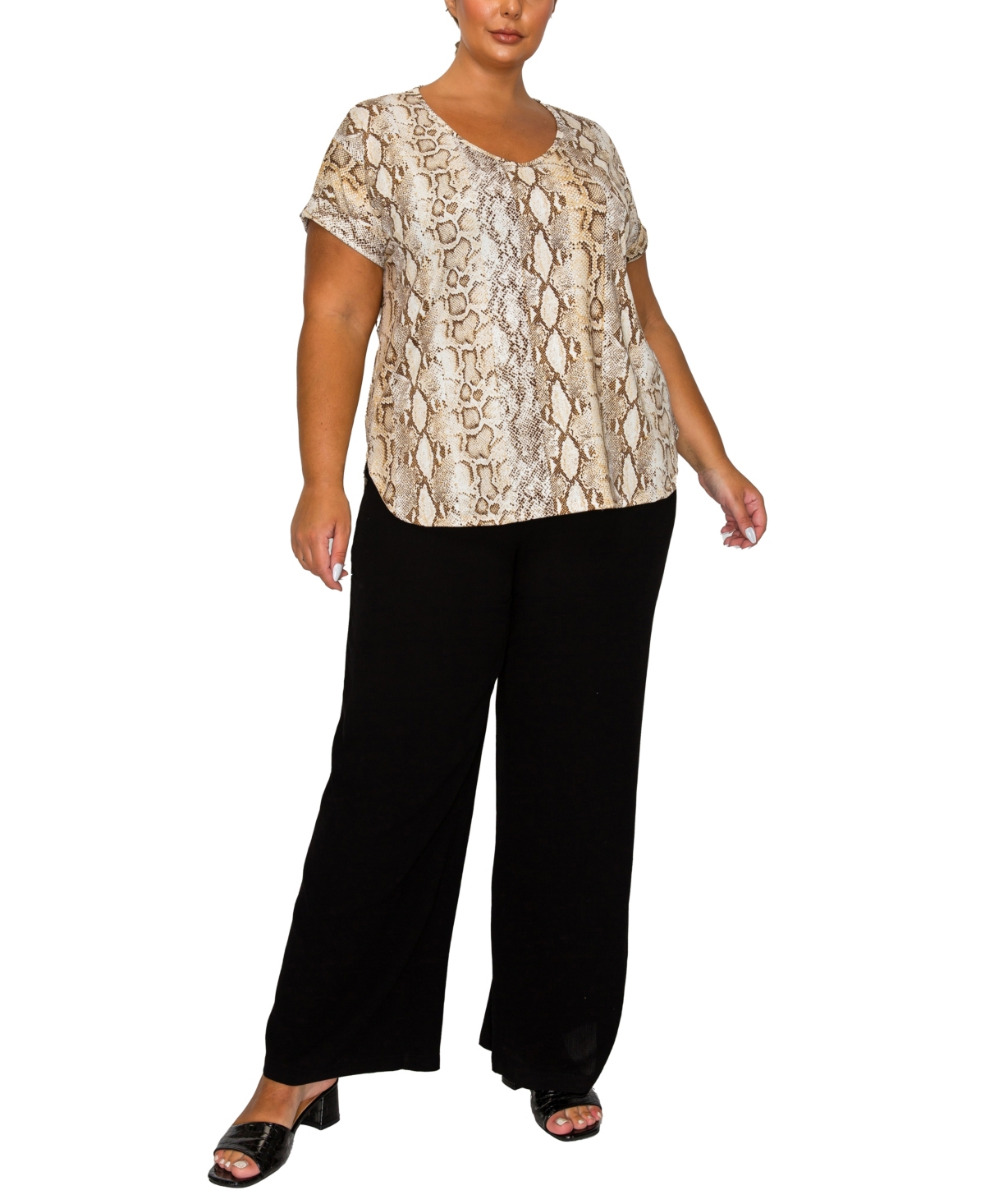 Coin 1804 Plus Size Python Rolled Short Sleeve Top In Brown