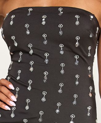 Juniors' Beaded Satin Strapless Back Midi Dress